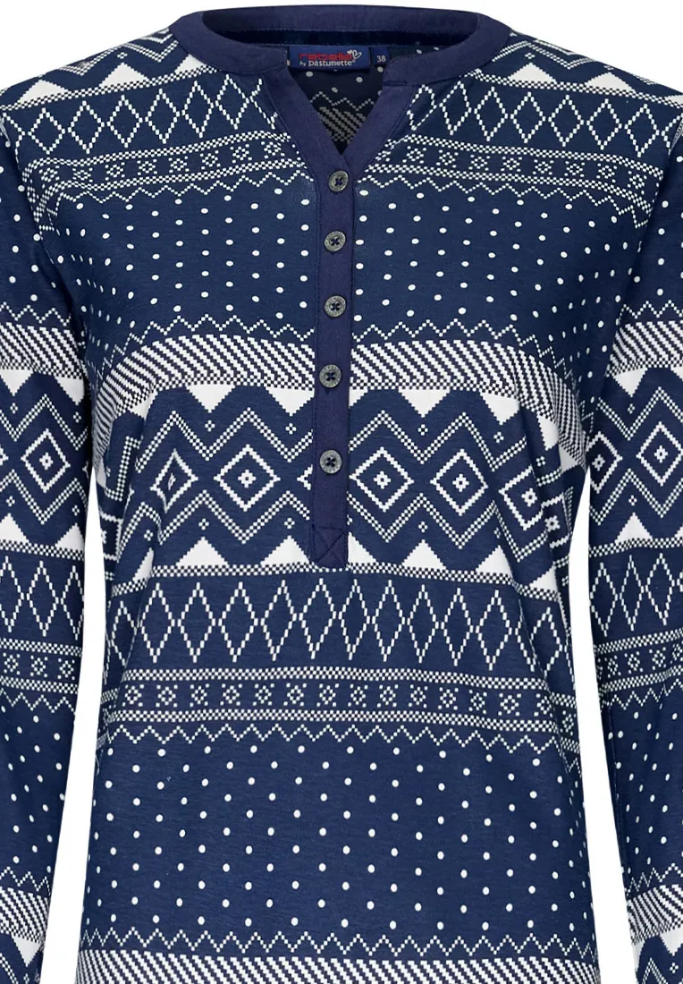 donkerblauwe katoenen pyjama met lange mouwen en knopen 'nordic beauty'